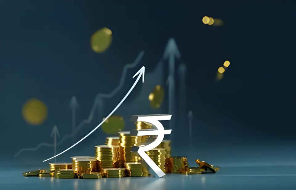 Rupee symbol with a rising growth arrow